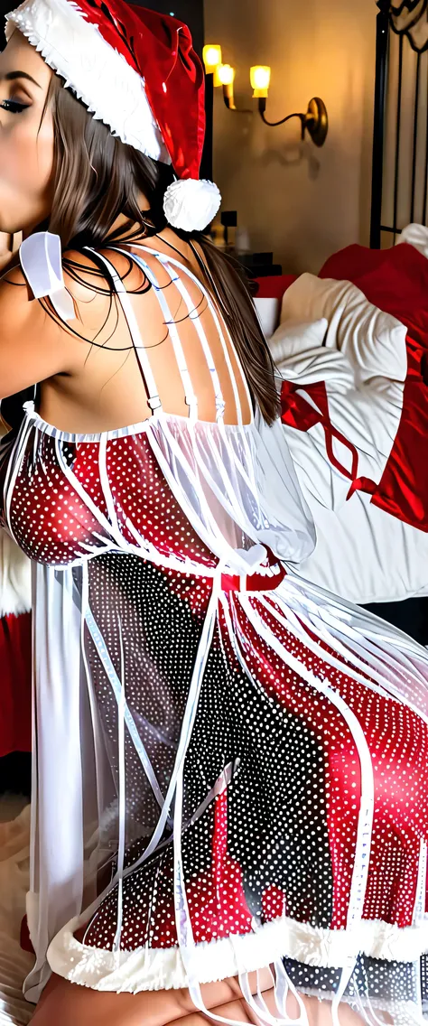 high quality, masterpiece, detailed, huge_breasted 18yo Santa's little helper girl,((see_through_night_gown_with_red_and_white_decorations)), deep_throat_blowjob_to_Santa, arching back, moaning with pleasure, Christmas aesthetic,rating_safe:1.4