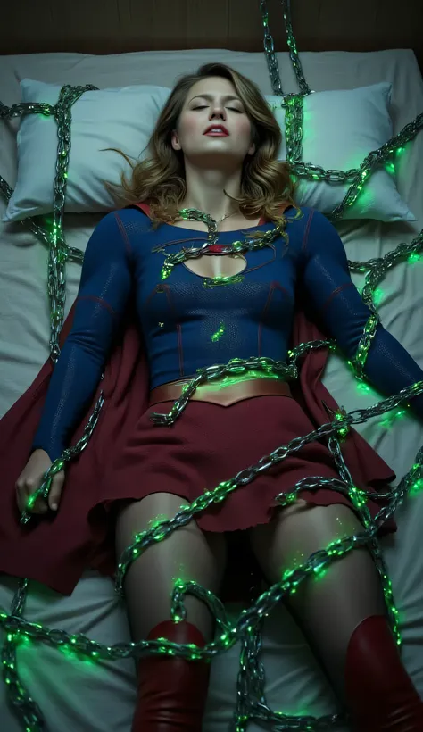 Melissa Benoist as Supergirl, she is tied to a bed, tied her body to the bed pole with a lot of big strong green luminous chains, painful face, exhaust, eyes close, unconscious, spread out arms, she is wearing a Supergirl costume, blue shirt and red skirt,...