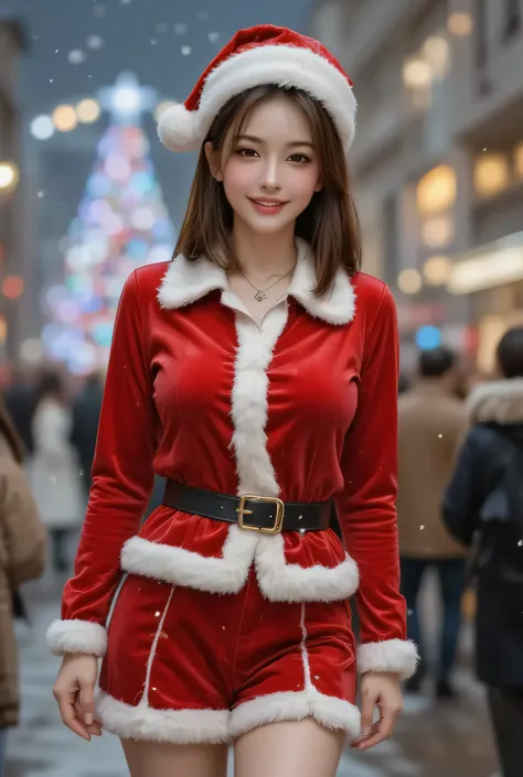 40代の魅力的な日本people女性、Surprisingly thin waist、with plump and attractive bodies、cowboy shot composition、red Santa Claus costume、Red velvet jacket、white fur trim、Red Santa cap、Thick black belt、red miniskirt、white fur edging、A bustling Christmas market where bla...