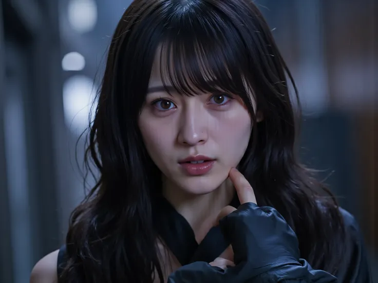 (((Harbor on a downpour night:2.0))),(((HR Gigger style cyberpunk atmosphere:2.0))),(((Hold a cyberpunk-style shotgun:2.0))),(((pointing the muzzle at the viewer:2.0))),one woman,(pretty face:1.7),(Beautiful well-balanced face :1.5),((wavy black hair:2.0))...