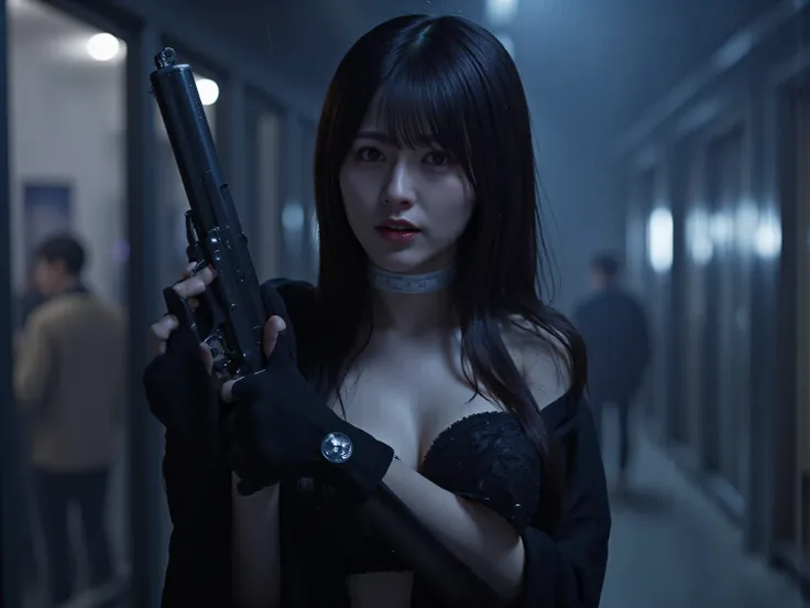 (((Harbor on a downpour night:2.0))),(((HR Gigger style cyberpunk atmosphere:2.0))),(((Hold a cyberpunk-style shotgun:2.0))),(((pointing the muzzle at the viewer:2.0))),((Full Body:2.0)),one woman,(pretty face:1.7),(Beautiful well-balanced face :1.5),((wav...