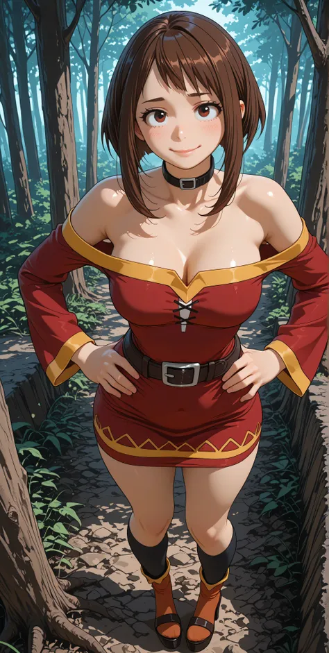 1girl, Alone, standing, slight smile, forest, outside, disparo de vaquero. [Ochako Uraraka]. brown hair,  cut bob breasts, Side Locks, bangs, brown eyes, (pink lips:0.8), eyelashes, cosplay dress, Megumin dress, red dress with yellow trim, bare shoulders, ...