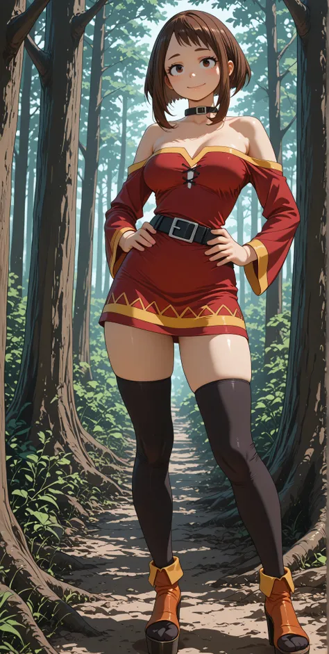 1girl, Alone, standing, slight smile, forest, outside, disparo de vaquero. [Ochako Uraraka]. brown hair,  cut bob breasts, Side Locks, bangs, brown eyes, (pink lips:0.8), eyelashes, cosplay dress, Megumin dress, red dress with yellow trim, bare shoulders, ...