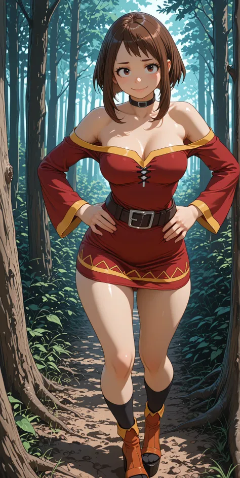 1girl, Alone, standing, slight smile, forest, outside, disparo de vaquero. [Ochako Uraraka]. brown hair,  cut bob breasts, Side Locks, bangs, brown eyes, (pink lips:0.8), eyelashes, cosplay dress, Megumin dress, red dress with yellow trim, bare shoulders, ...