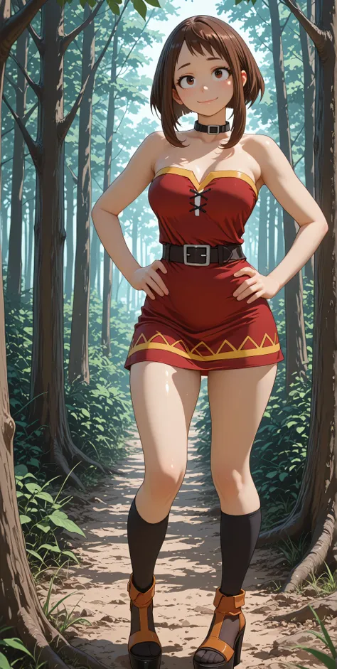 1girl, Alone, standing, slight smile, forest, outside, disparo de vaquero. [Ochako Uraraka]. brown hair,  cut bob breasts, Side Locks, bangs, brown eyes, (pink lips:0.8), eyelashes, cosplay dress, Megumin dress, red dress with yellow trim, bare shoulders, ...