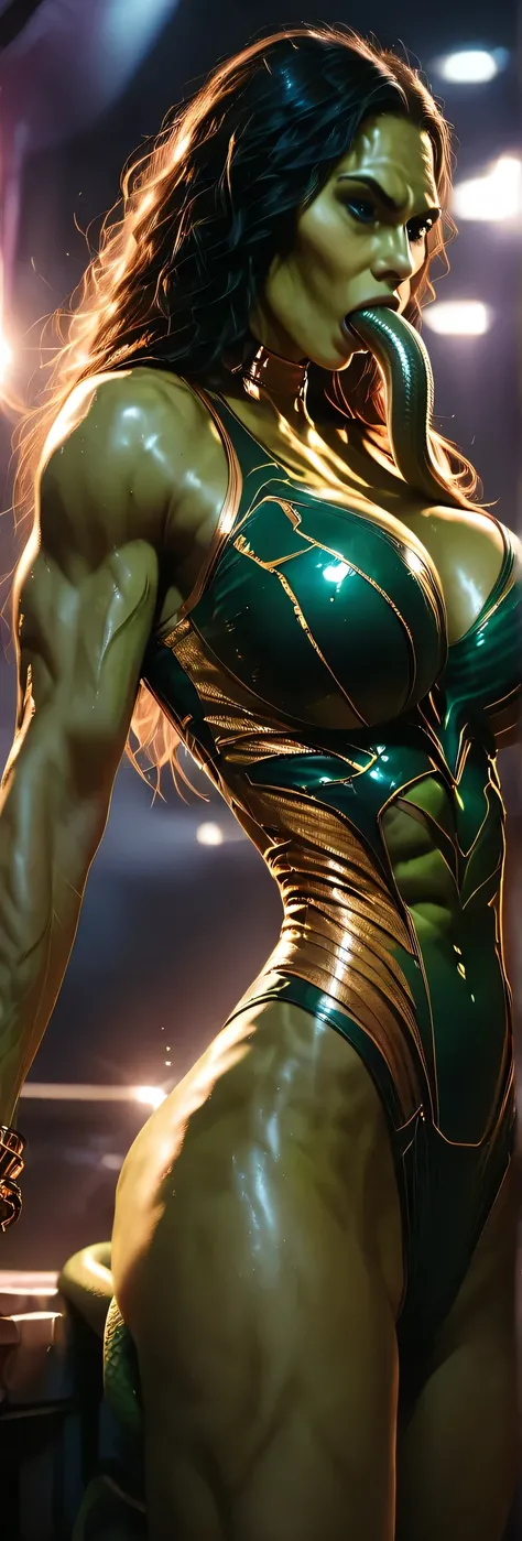 ((Snake_Woman)), (enermous_breasts),detailed portrait of (((stunningly_beautiful_cute_girl))), ((scaled_body_and_face)), camel_toe,powerful pose, (((deep_throat_blowjob_to_Hulk))),photorealistic 8k, cinematic dramatic lighting,Marvel style,chiaroscuro,co...