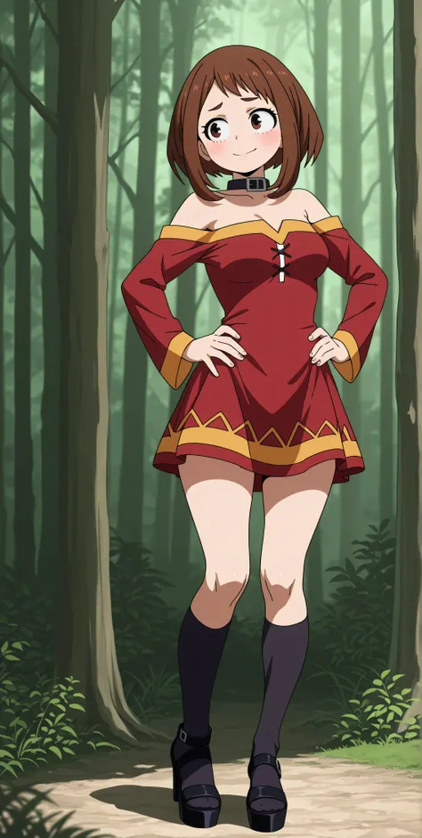 1girl, Alone, standing, slight smile, forest, outside, disparo de vaquero. [Ochako Uraraka]. brown hair,  cut bob breasts, Side Locks, bangs, brown eyes, (pink lips:0.8), eyelashes, cosplay dress, Megumin dress, red dress with yellow trim, bare shoulders, ...