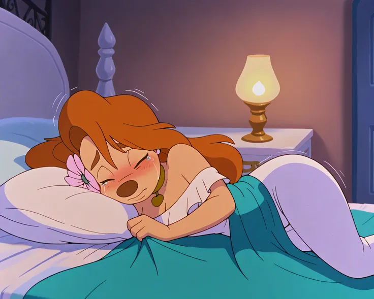 1girl, roxanne,  furry female, white dress, lying on bed, hair flower, gold choker, lying on side, underneath covers, shy, fear, scared expression, sad, tears, blushing, eyes closed, crying, shivering, king size bed, huge bed, dimly lit room, dim lamplight...