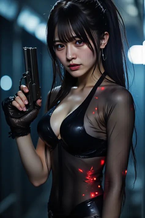 (((The pitch-dark interior of the Nostromo ship:2.0))),(((HR Gigger style cyberpunk atmosphere:2.0))),((((holds up an assault rifle:2.0)),)),(((pointing the muzzle at the viewer:2.0))),one woman,(pretty face:1.7),(Beautiful well-balanced face :1.5),((Black...