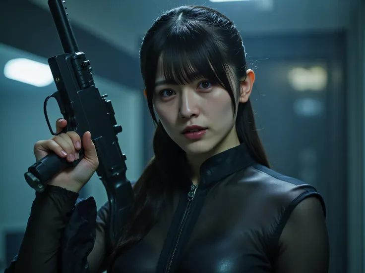 (((The pitch-dark interior of the Nostromo ship:2.0))),(((HR Gigger style cyberpunk atmosphere:2.0))),((((holds up an assault rifle:2.0)),)),(((pointing the muzzle at the viewer:2.0))),one woman,(pretty face:1.7),(Beautiful well-balanced face :1.5),((Black...