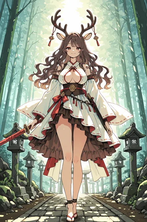 ** high quality anime style 、No paper quality、8K full-body composition。
Background、A mysterious shrine path lined with moss-covered stone lanterns、
Sunlight filtering through the trees from the forest、A deer walking beside the shrine path。

The character i...