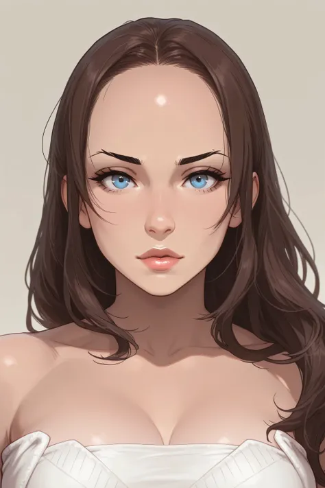 (perfect face), dark brown hair, (long smooth hair), ((forehead)), black thin eyebrows, blue eyes, lips, lips without makeup, (medium breasts, perfect breasts), (white tube top), looking at viewer