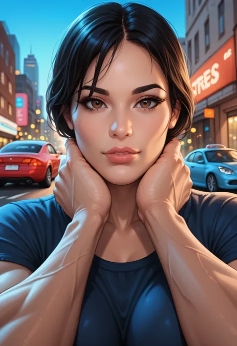 realistic, portrait, perfect face, feminine, black hair, black eyebrows, brown eyes, thin lips, dark blue shirt, (large breasts), (muscles), looking at viewer, pov, (blue sky, city, street, cars, bokeh), looking at viewer, pov