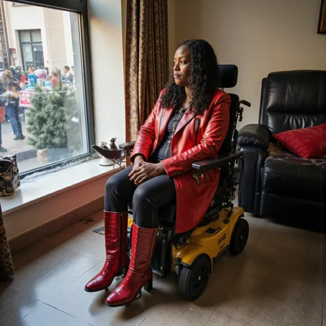 1970swornbluwhtcfrcrjkt,yaowarat_scene, in a dimly lit apartment at midday on a snowy day in a cyberpunk future, a 59 year old black woman, long curled strands of hair, wearing samef2025khb red crocodile leather boots, wearing a red long leather blazer mad...