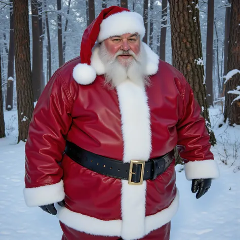 ,a 600 pound full-figured body male 79 years old, elderly, gray hair, santa claus, wearing bredwhtredcheckercrjkt a red leather jacket that has worn white trim, wearing red leather pants with worn white trim, wearing a thick heavy black wide scbelt2025 wit...