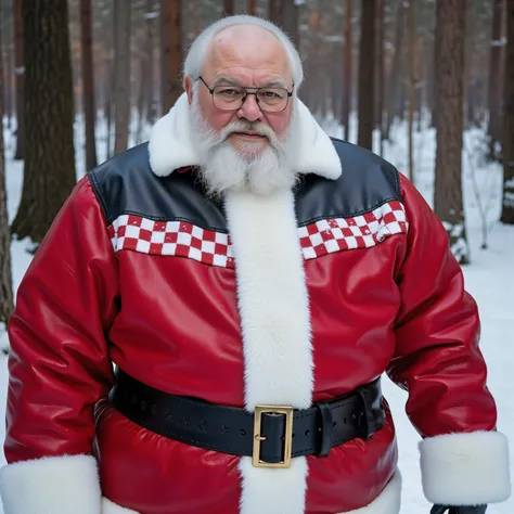 ,a 600 pound full-figured body male 79 years old, elderly, gray hair, santa claus, wearing bredwhtredcheckercrjkt a red leather jacket that has worn white trim, wearing red leather pants with worn white trim, wearing a thick heavy black wide scbelt2025 wit...