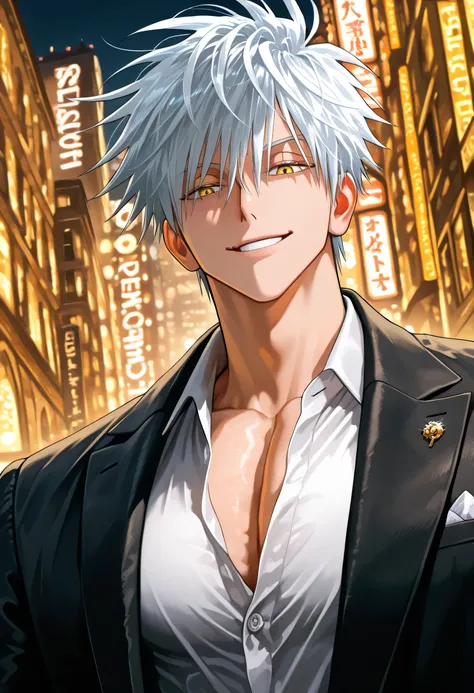 (Masterpiece) (high quality) (SFW) (perfect eyes) 1man, 35-years-old, young adult, perfect face, perfect eyes, Yellow eyes, perfect eyes, luxurious shirt, luxurious black jacket, mafia, golden details, ring, Toji Fushiguro appearance, half-body photograph,...