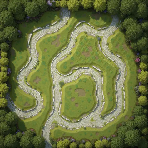 RPGmap,planar two-dimensional image of the map top view in the form of a board game mat elven lawn with white marble brick paths