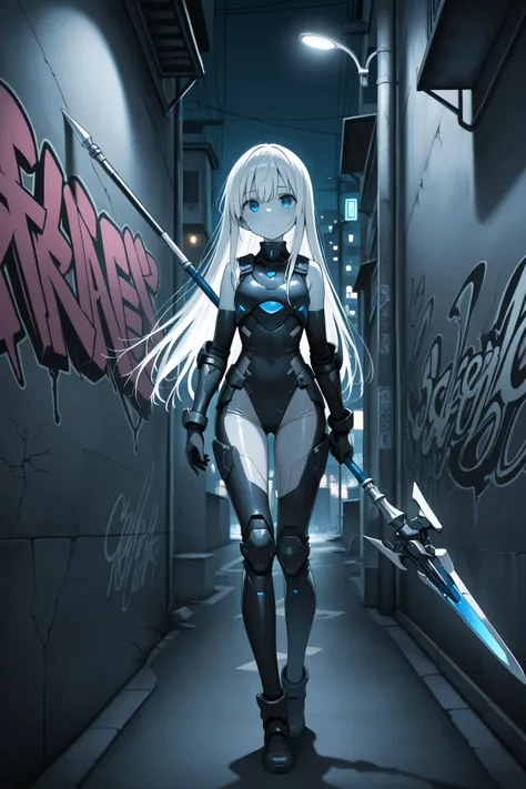 masterpiece, best quality, photography, ultra high resolution, faded color, an anime girl, cute face, armored girl, slender body, clear skin, mechanical spear, spear aimed, (Hold the spear with one hand), blue eyes, absolutely white hair, long hair, straig...