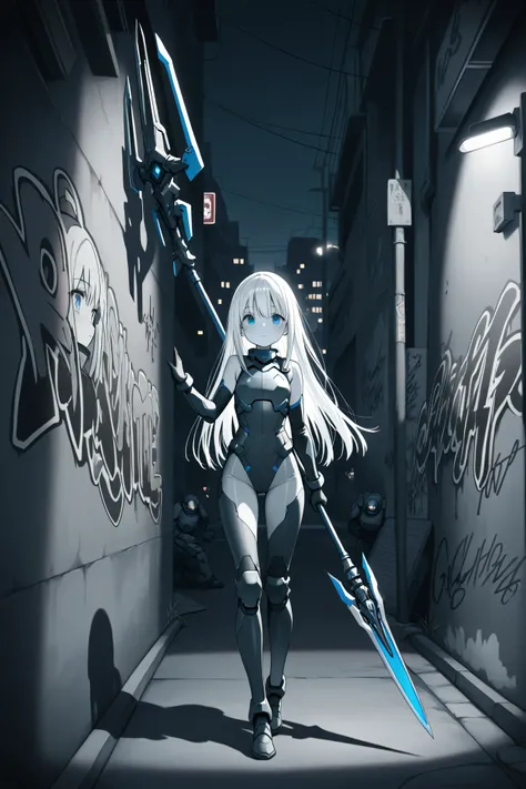 masterpiece, best quality, photography, ultra high resolution, faded color, an anime girl, cute face, armored girl, slender body, clear skin, mechanical spear, spear aimed, (Hold the spear with one hand), blue eyes, absolutely white hair, long hair, straig...