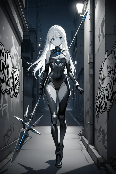 masterpiece, best quality, photography, ultra high resolution, faded color, an anime girl, cute face, armored girl, slender body, clear skin, mechanical spear, spear aimed, (Hold the spear with one hand), blue eyes, absolutely white hair, long hair, straig...