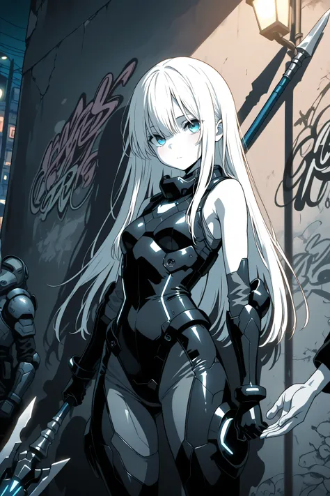masterpiece, best quality, photography, ultra high resolution, faded color, an anime girl, cute face, armored girl, slender body, clear skin, mechanical spear, spear aimed, (Hold the spear with one hand), blue eyes, absolutely white hair, long hair, straig...