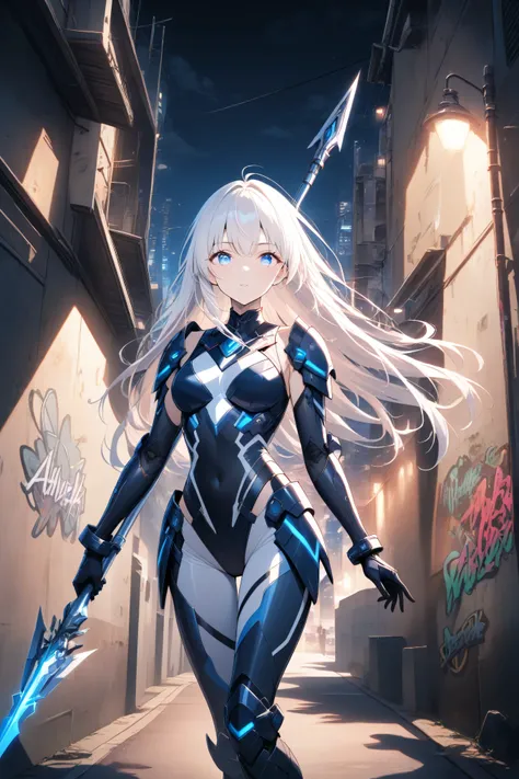 masterpiece, best quality, photography, ultra high resolution, faded color, an anime girl, cute face, armored girl, slender body, clear skin, mechanical spear, spear aimed, (Hold the spear with one hand), blue eyes, absolutely white hair, long hair, straig...