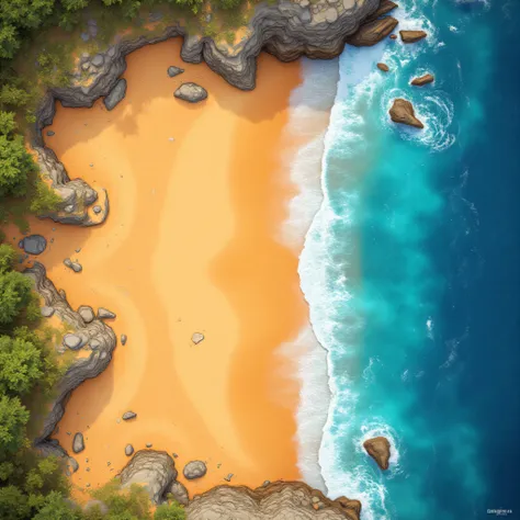 RPGmap, 2D planar image, wild beach, coastline , orange sand, blue water, without shadows