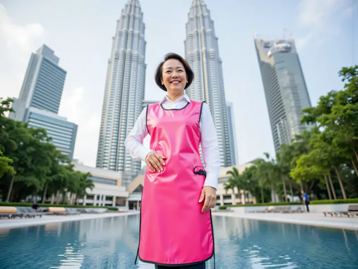 a 58 year old woman wearing a pink vinyl polished lead apron standing in front of the Kuala Lumpur Petronas Towers reflecting pool PetronasTowers