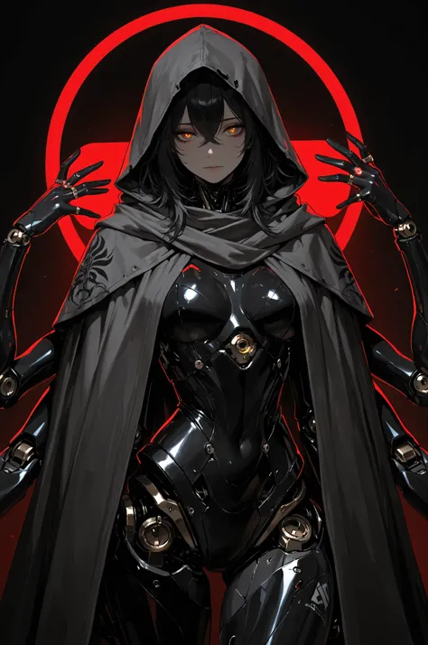 (masterpiece, detailed:1.2), Ultra Detailed, HDR-10, (Soft Colors), (beautiful eyes, detailed eyes:1.2),1girl, black hair, crossed bangs, medium hair, yellow eyes, red pupils, Mechanical arms, Mechanical legs, robot joints, Black print, Mechanical boots, M...