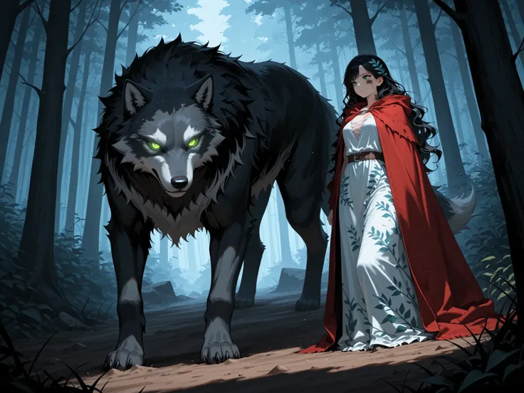 dungeon and dragon ,fantasy,masterpiece, best quality, very aesthetic, absurdres, ,a picture of a fantasy 1single woman standing in the wild jungle fighting a big grey wolf in a dark forest, grit atmosphere, dirt on her face, dirt and mud in her cloths, , ...