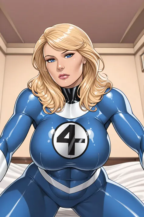 western comics (style),"0" :"score_9 , score_8_up , 1girl, solo, susan storm, long hair, blonde hair, blue eyes, lipstick, ((looking at viewer)), skin tight, bodysuit, white gloves, huge breasts, full lips, perfect thighs, close up, bedroom background, clo...