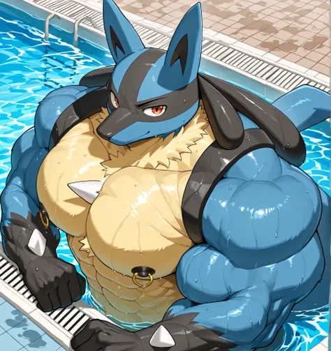 Anthro, lucario, kemono, bara, solo, furry, male, tail, muscular, sexy, huge black nipples, golden nipple rings, broad shoulders, huge arms, broad chest, detailed background, serious, smile, bare head, ears, one eyebrow raised, wet, seen from above, macro,...