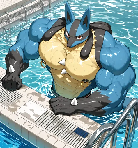 Anthro, lucario, kemono, bara, solo, furry, male, tail, muscular, sexy, huge black nipples, golden nipple rings, broad shoulders, huge arms, broad chest, detailed background, serious, smile, one eyebrow raised, wet, seen from above, macro, pool, looking at...