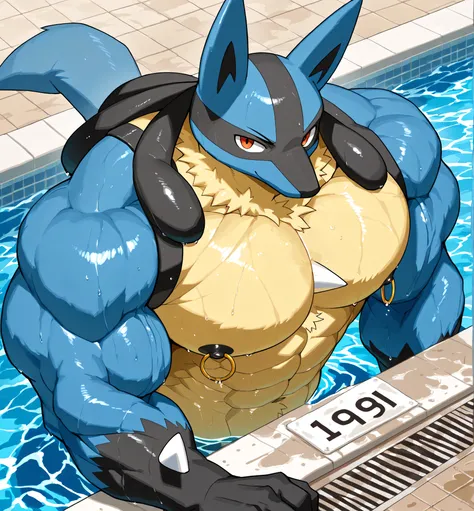 Anthro, lucario, kemono, bara, solo, furry, male, tail, muscular, sexy, huge black nipples, golden nipple rings, broad shoulders, huge arms, broad chest, detailed background, serious, smile, one eyebrow raised, wet, seen from above, macro, pool, looking at...