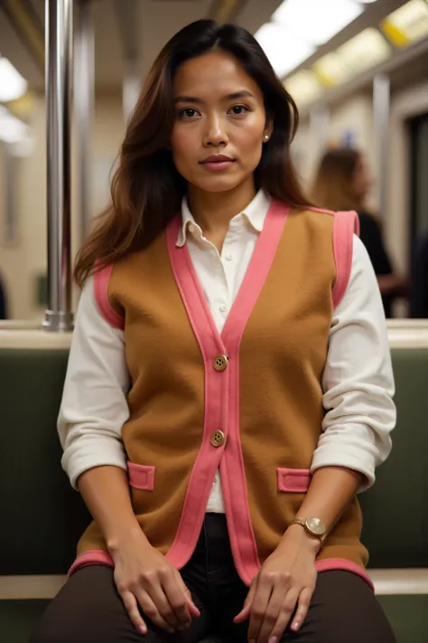 (masterpiece, best quality:1.2), 1girl, solo 35 year old thin woman, tall, muscular arms, muscular body, thick muscular legs, wearing a white shirt, wearing a tan and pink striped MongolianWoolVest25 the body is tan pockets are pink, the woman is sitting o...