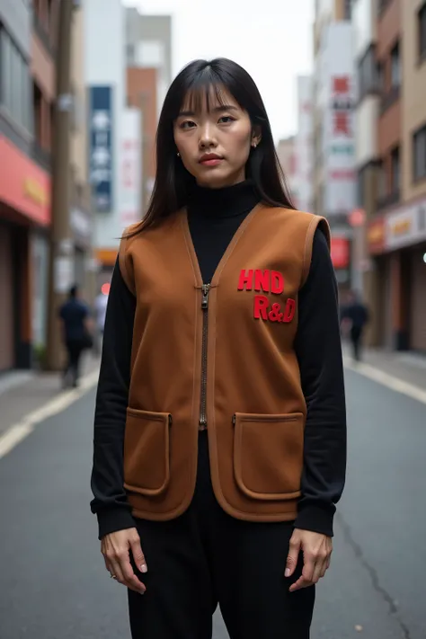 wide angle image of a woman standing on the side of a street in a futuristic tokyo town, the woman is asian and 29 years old, the woman wears a black and brown wool vest, the vest has red text "HND R&D"