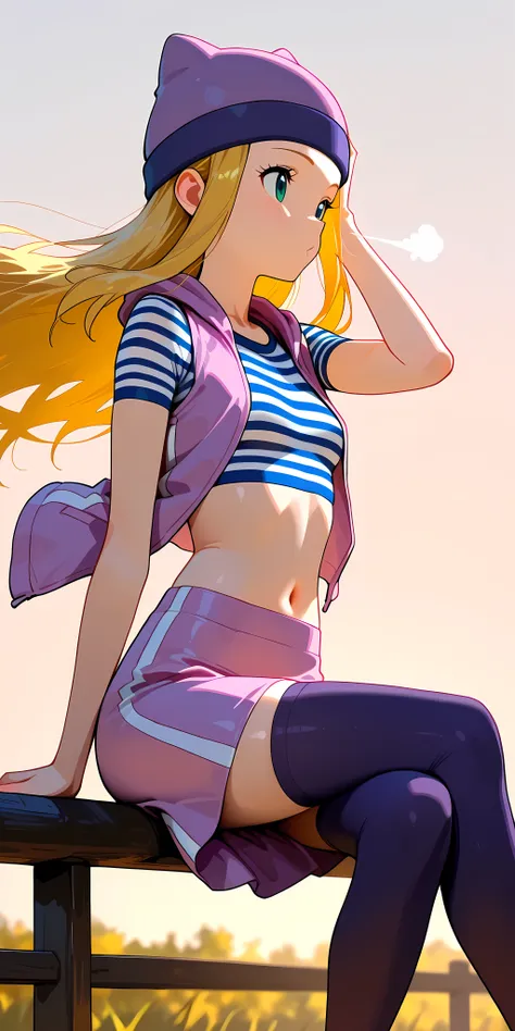 masterpiece, High quality, Ultra detailed, 2d, newest, absurdres, highres, BREAK 1girl, solo, upper body, izumi_orimoto, outdoors, wind blowing very strongly, long hair, blonde hair, hand on the head, green eyes, beanie, purple headwear, small breasts, izu...
