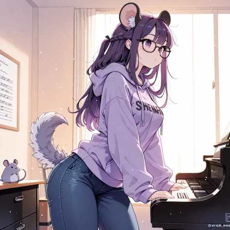 Masterpiece, High-Quality, Detailed. A close up of a tiny petite humanoid girl with pale human skin and long dark_purplehair in a French_braid style with bangs and large fluffy dark_purple mouse ears and purple eyes and long dark_purple fluffy chinchilla t...