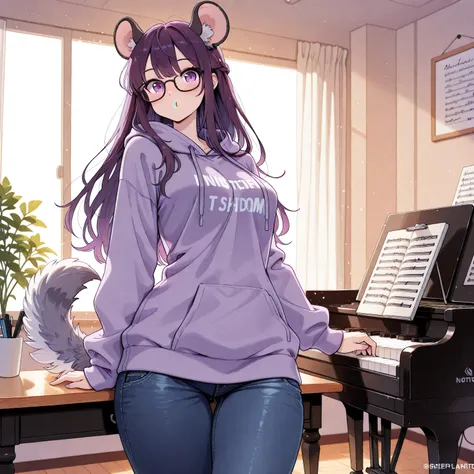 Masterpiece, High-Quality, Detailed. A close up of a tiny petite humanoid girl with pale human skin and long dark_purplehair in a French_braid style with bangs and large fluffy dark_purple mouse ears and purple eyes and long dark_purple fluffy chinchilla t...