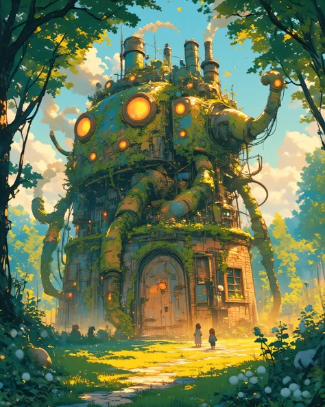 A whimsical and heartwarming illustration of a cute moving version of Howl's Monster Castle, (((weathering)))friendly reincarnated, creature with big glowing eyes on the front tower, fat machine legs covered with moss and blooming wildflowers, Multiple cur...