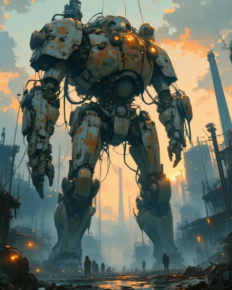 A highly detailed steampunk mech warrior standing triumphantly in a foggy Victorian-era industrial wasteland at dusk, low-angle dramatic composition emphasizing towering scale and imposing presence, intricate brass gears, exposed steam pipes hissing vapor,...