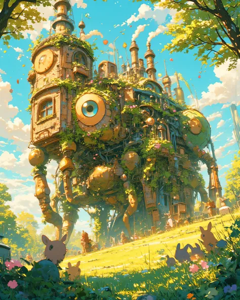 A whimsical and heartwarming illustration of Howl's Moving Castle reimagined as a cute, friendly monster reborn in a Studio Ghibli and Hayao Miyazaki style, magical and cozy atmosphere with intricate linework, rich textures on bricks and foliage, vibrant y...