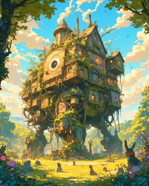 A whimsical and heartwarming illustration of Howl's Moving Castle reimagined as a cute, friendly monster reborn in a Studio Ghibli and Hayao Miyazaki style, magical and cozy atmosphere with intricate linework, rich textures on bricks and foliage, vibrant y...