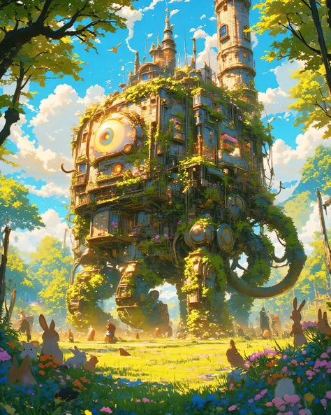 A whimsical and heartwarming illustration of Howl's Moving Castle reimagined as a cute, friendly monster reborn in a Studio Ghibli and Hayao Miyazaki style, magical and cozy atmosphere with intricate linework, rich textures on bricks and foliage, vibrant y...