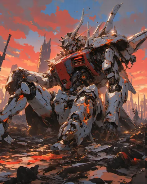 Dramatic post-battle illustration of a battle-worn Gundam-like mech slumped in defeat on the rubble-strewn ground of a devastated cyberpunk battlefield at dawn, low-angle upward shot from debris level to convey overwhelming scale and tragic vulnerability, ...