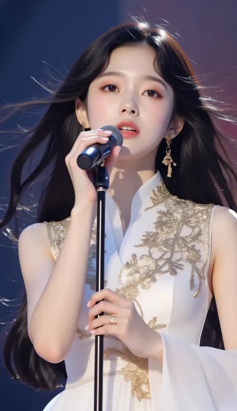 (masterpiece, best quality:1.2), cowboy shot, solo, 1girl, an innocent and beautiful Korean, Singing while holding a stand microphone, Black and long hair fluttered in the wind, A thin white sleeveless dress with gold embroidered traditional patterns, band...