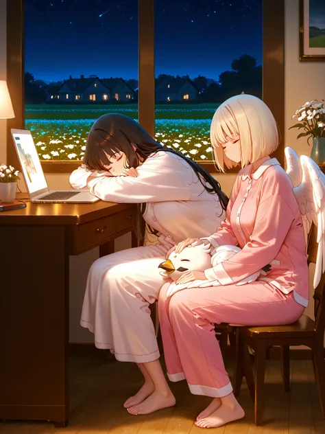 (game cg),(house,indoors,living),(night),(((an extremely cute and beautiful girl),)),(2girls),
(laptop on her desk),(one girl、takina,A girl in pajamas with long black hair is sitting in a field of flowers、she is sleeping face down on her desk)
Beak,(one gi...