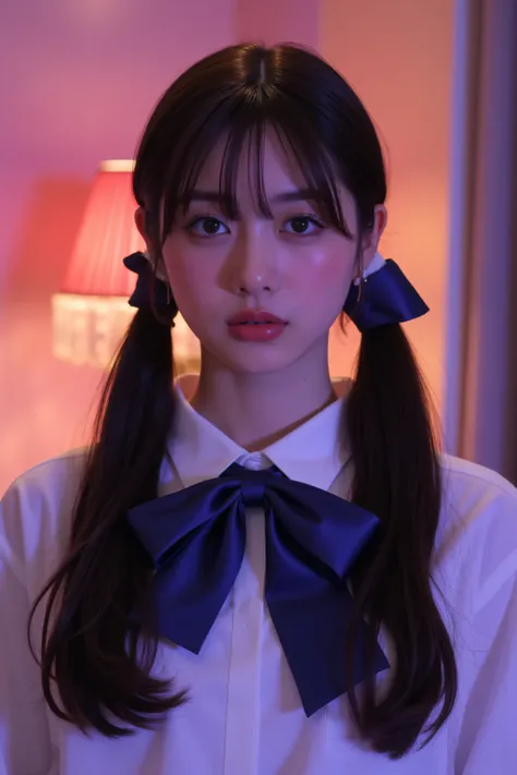 ( best masterpiece、 or higher、 winning works )、(1. High school girl:1.1)、(Wave twin tail hair tied with hair elastic at a low position:1.8)、(Petite Girl with Narrow Shoulders:1.5)、(Perfect Wave Twin Tails:1.5)、(Perfectly Thick Wavy Twin Tails:1.3)、(big boo...