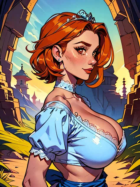 Melhor qualidade, obra de arte, (realista: 1.2). Close-up of a slender and athletic, 25 anos, 16K ((high definition)), sorriso lindo, olhar sedutor ((looking at the viewer)), olhos azuis, wearing a long high-waisted cobalt blue dress ((with V-neck lace , r...